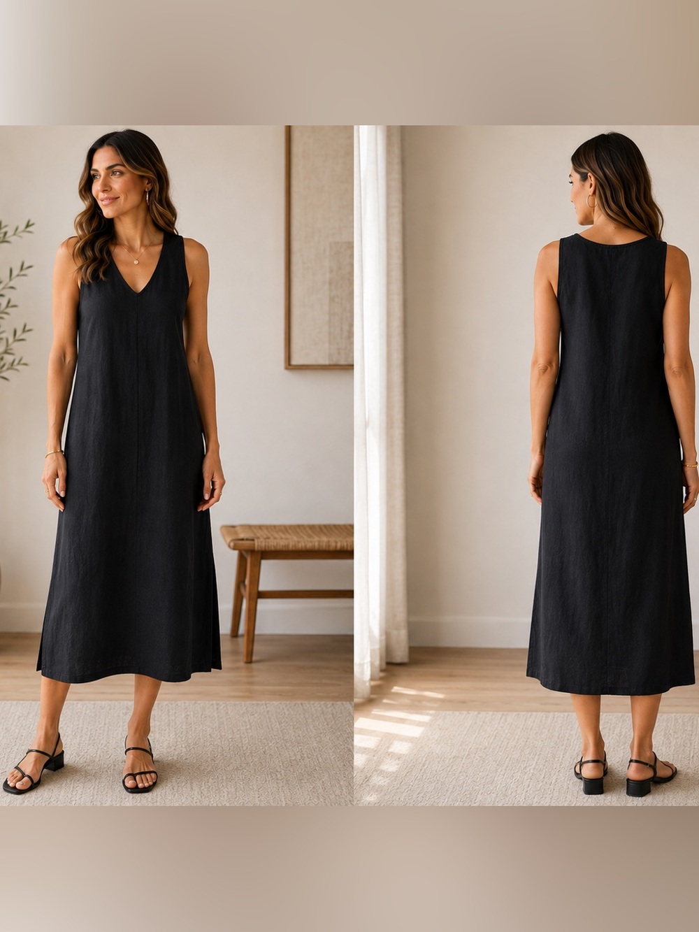 NWT DKNY Black Linen Sleeveless V-Neck MIDI Resort, Office Casual DressSZ M